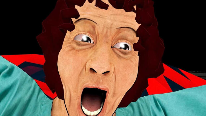 The ghost of Renella's mother, Mamay, issues a grave warning. A person with short brown hair wearing teal scrubs opens their mouth widely and looks to the right of the camera.