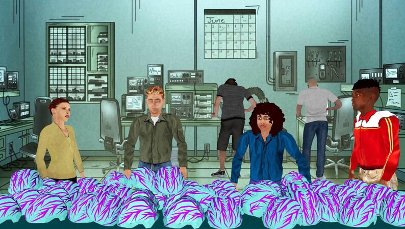 (Left to right) Karin, Eddie, Renella, and Medina stand in front of a table full of brain-computer interface devices in the Nsiitu—a fictionalized version of Nairobi—Community Lab. There are 4 people in a community laboratory space standing in front of a table with brain-computer interface helmets on a long table in front of them. The person farthest to the left wears a beige long-sleeved shirt; the person next to them wears a long-s