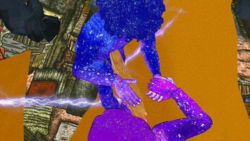 Arjune (purple) and Renella (blue) hold hands while they generate lightning. A figure in blue with splotchy skin holds hands with a figure in purple with splotchy skin. Beneath their feet, lightning crackles.
