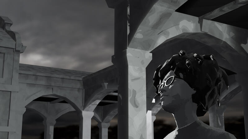 A person in grayscale with dark hair and glasses stands in front of an arched hallway and looks away from the camera.