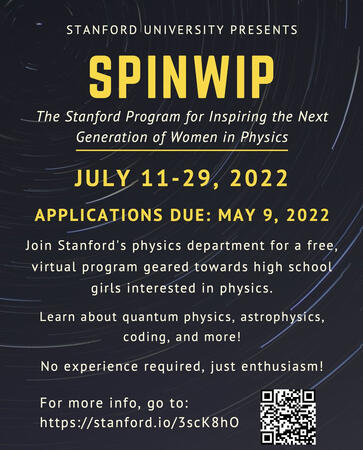 A long exposure of the night sky showing stars trailing around the pole with the text Stanford Program for Inspiring the Next Generation of Women in Physics (SPINWIP) in yellow on top. The text below the title offers details on the dates for the program, w